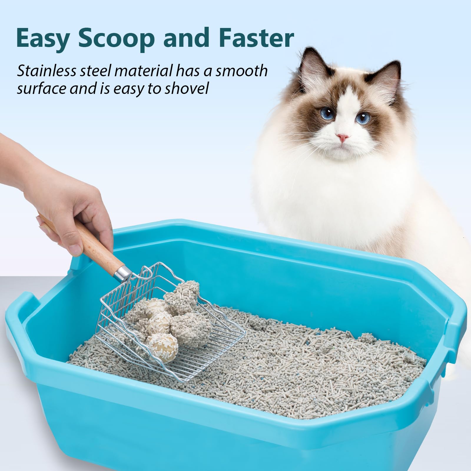 Handzee stainless steel scoop shows durable construction for long-lasting litter duty.