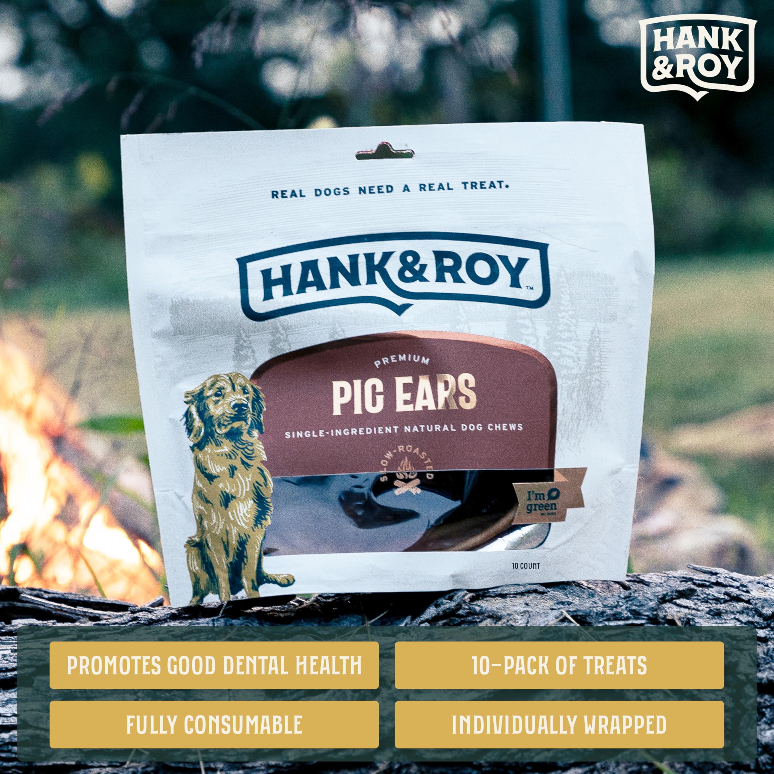 Hank and Roy pig ears dog treats close-up suggests support for dental hygiene.