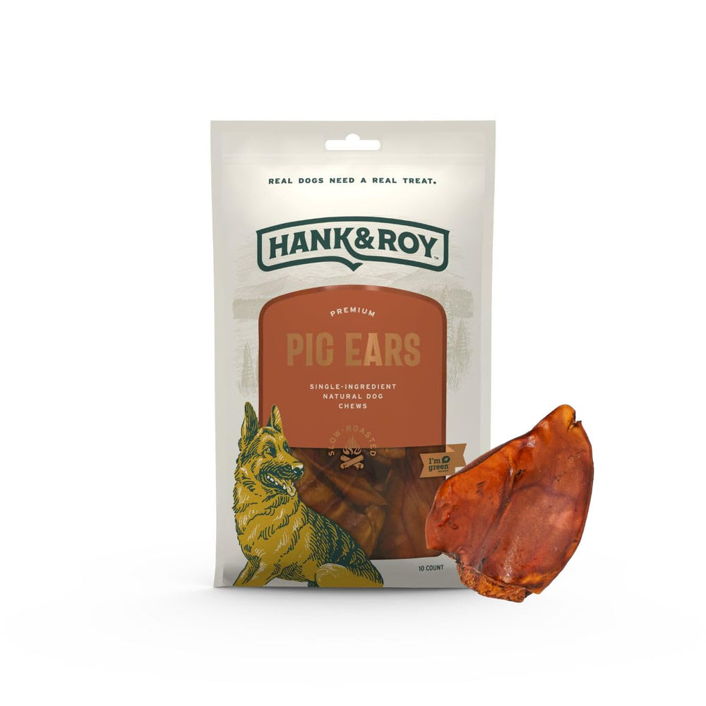 Hank and Roy pig ears dog treats packaging highlighting freshness and on-the-go convenience.