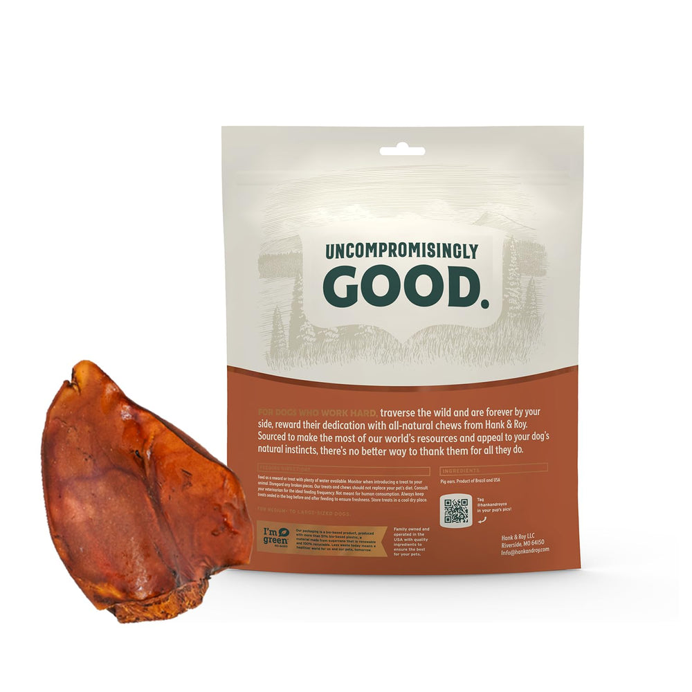 Hank and Roy pig ears texture close-up highlights natural single-ingredient chew.