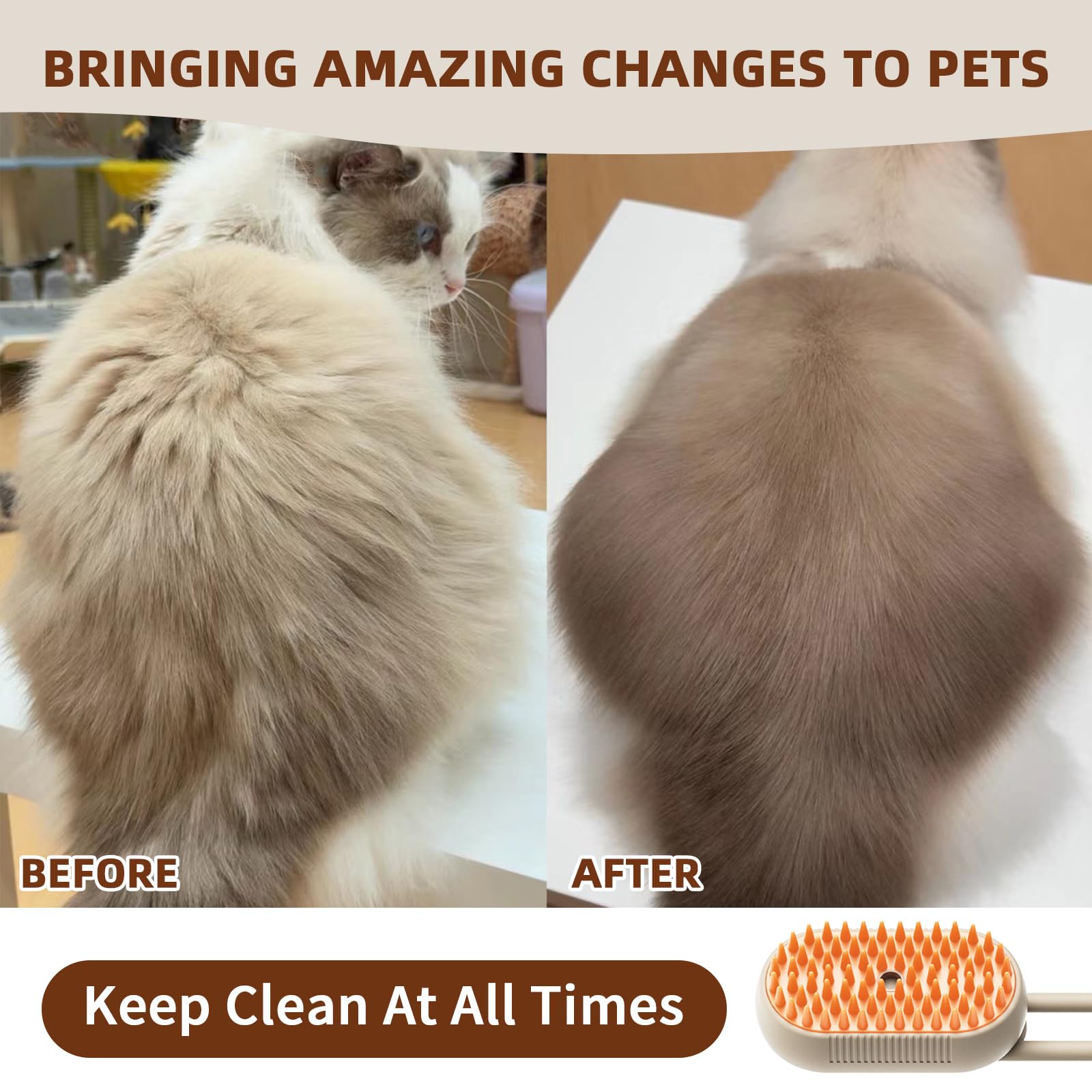 Hanlisee 4-in-1 cat steam brush in-use shot illustrates efficient full-body shedding grooming session.