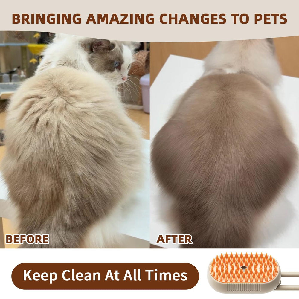 Hanlisee 4-in-1 cat steam brush in-use shot illustrates efficient full-body shedding grooming session.