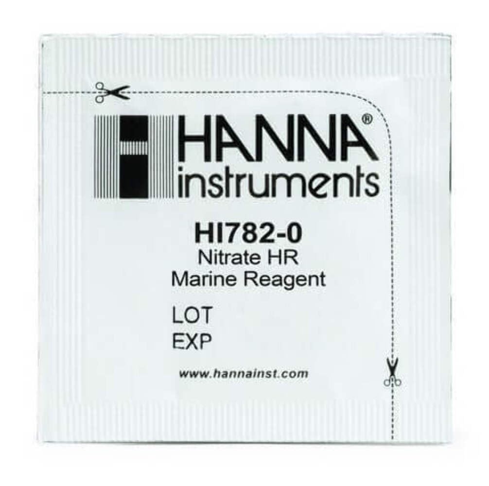 Hanna Instruments HI782-25 marine nitrate reagents packets enable precise, easy high-range testing for saltwater tanks.