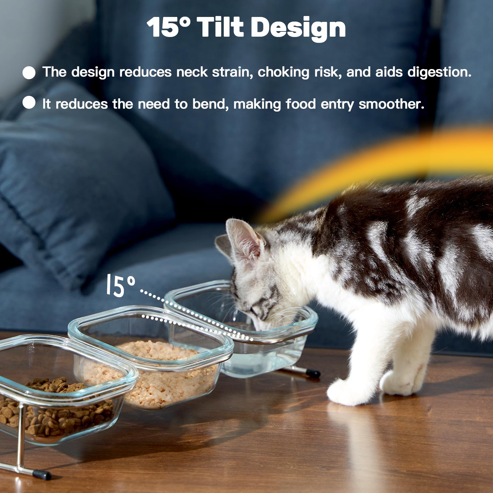 Hannadepot glass cat bowls trio on stand for clean, safe meals.