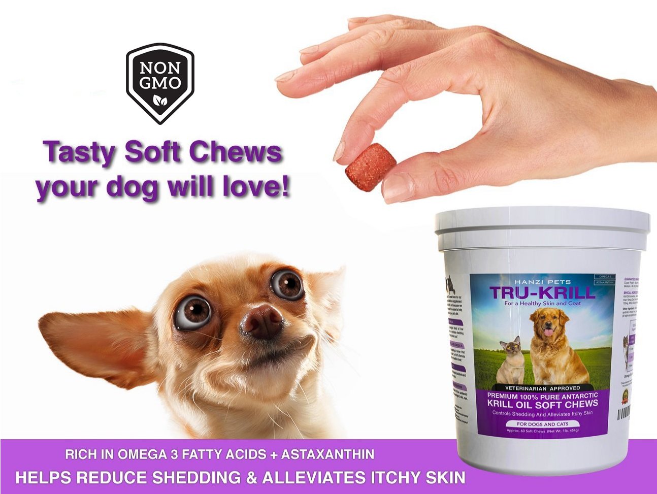 Hanzi Pets omega balance graphic—high omega-3/omega-6 ratio for pet wellness.