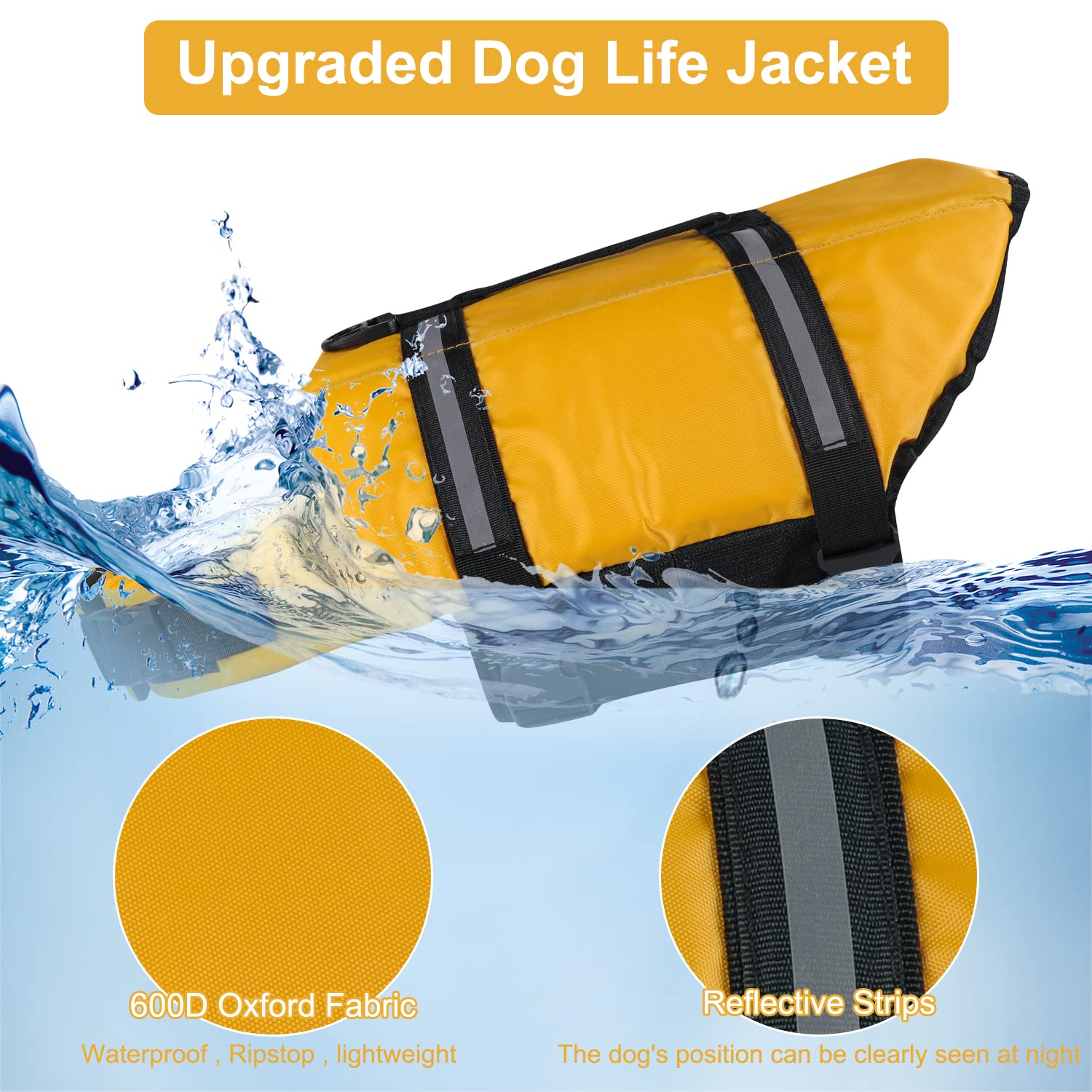HAOCOO dog life jacket side view highlighting reflective stripes for safety