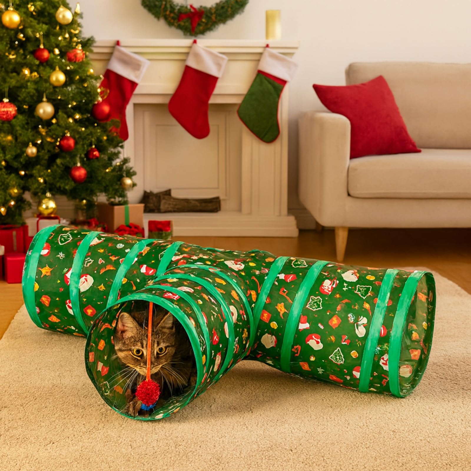 Haourlife Christmas Cat Tunnel assembly—easy setup for at-home use.
