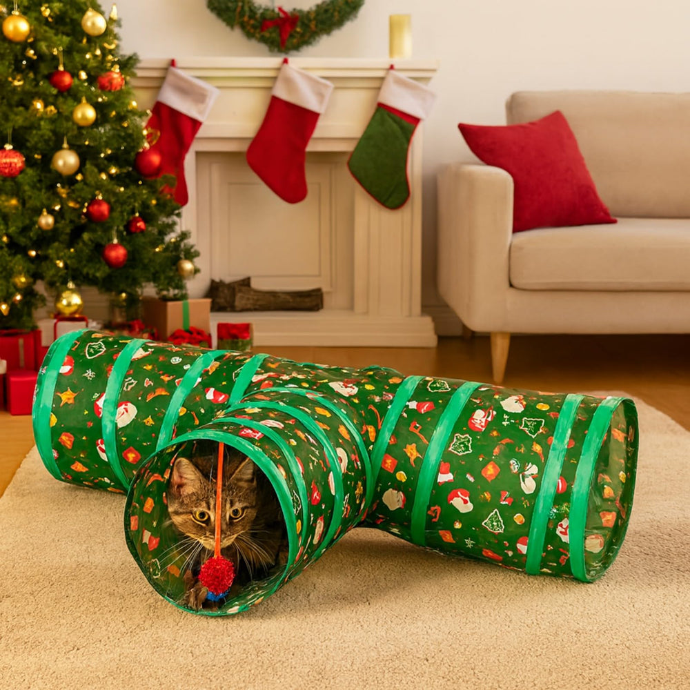 Haourlife Christmas Cat Tunnel assembly—easy setup for at-home use.