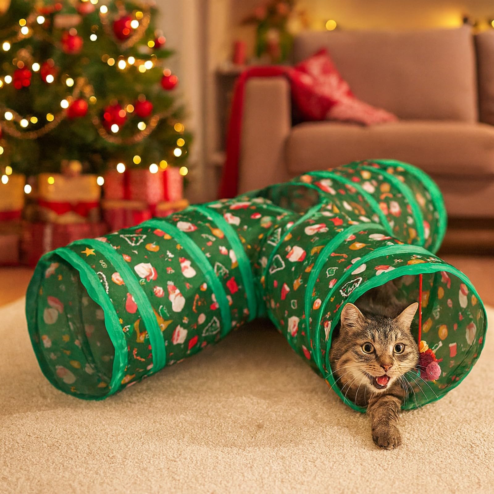 Haourlife Christmas Cat Tunnel peek holes—interactive hide-and-pounce for kittens.