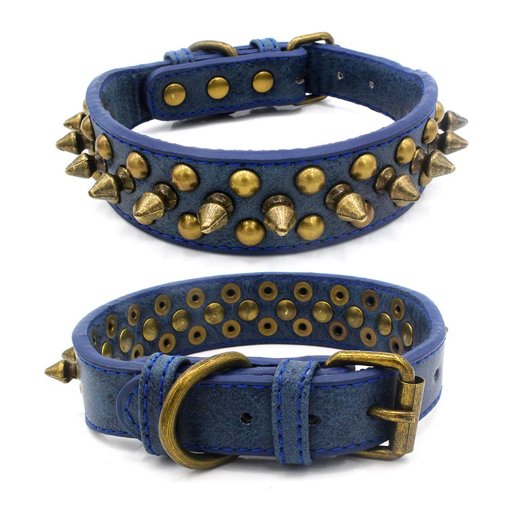haoyueer spiked dog collar blue1 front view shows durable PU leather for daily walks