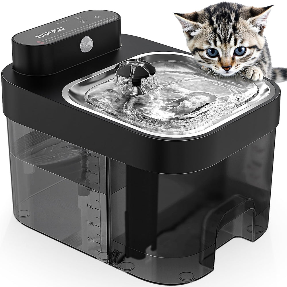 HAPAW cat water fountain front view encourages steady hydration for indoor cats.