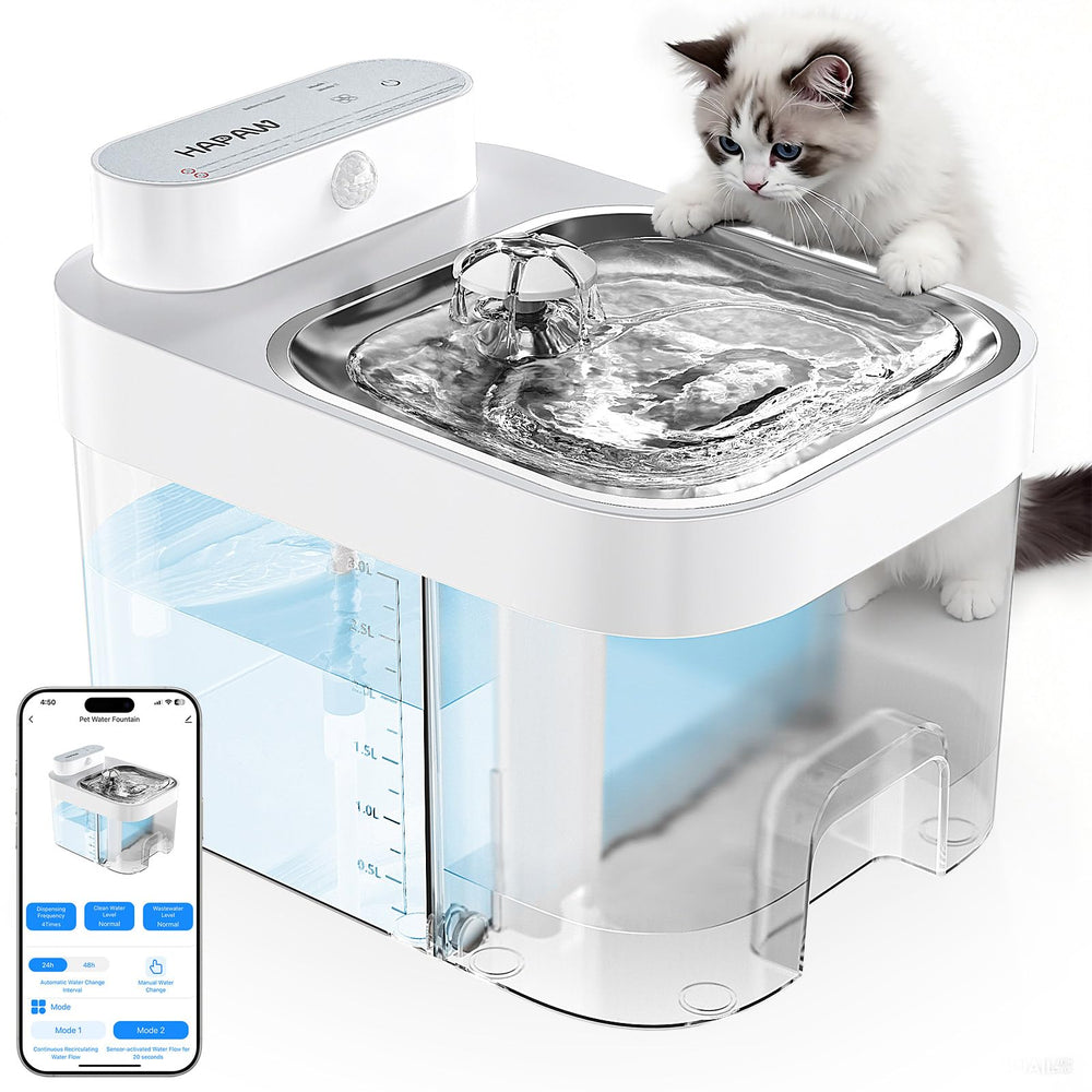 HAPAW cat water fountain front view shows a quiet indoor drinking station.