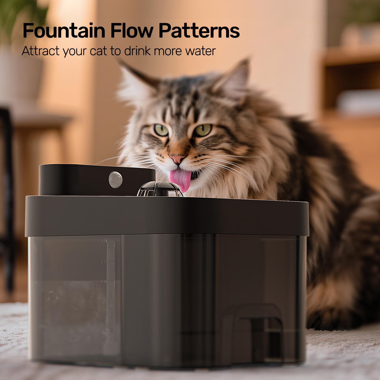 HAPAW quiet-20db operation image suggests calm, whisper-quiet drinking for anxious cats.