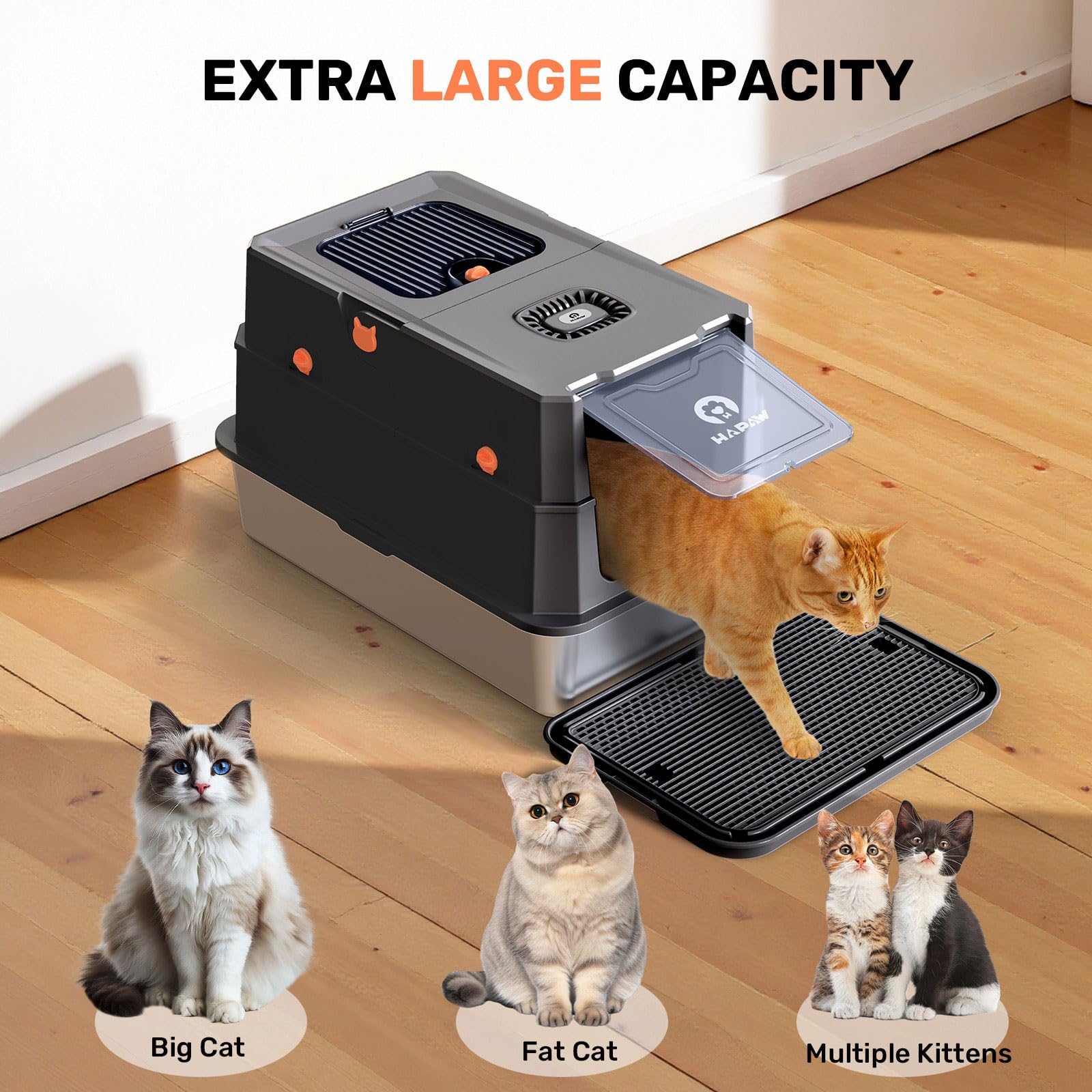 HAPAW carbon odor-absorbing bag integrated with the litter box vents for fresher space.