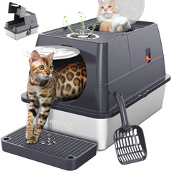 HAPAW stainless steel litter box front view with dual entry for easy access