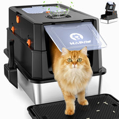 HAPAW stainless steel litter box with lid open for easy cleaning and quick top access.