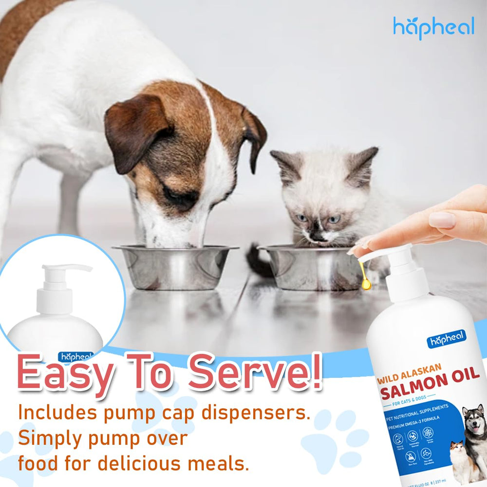 hapheal salmon oil pump-dispense showing easy daily dosing for pets.