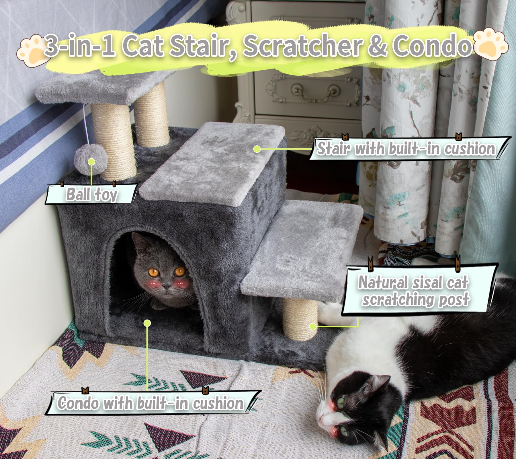 Hapineko 3-in-1 stairs condo interior demonstrates cozy, washable cat condo for restful naps.