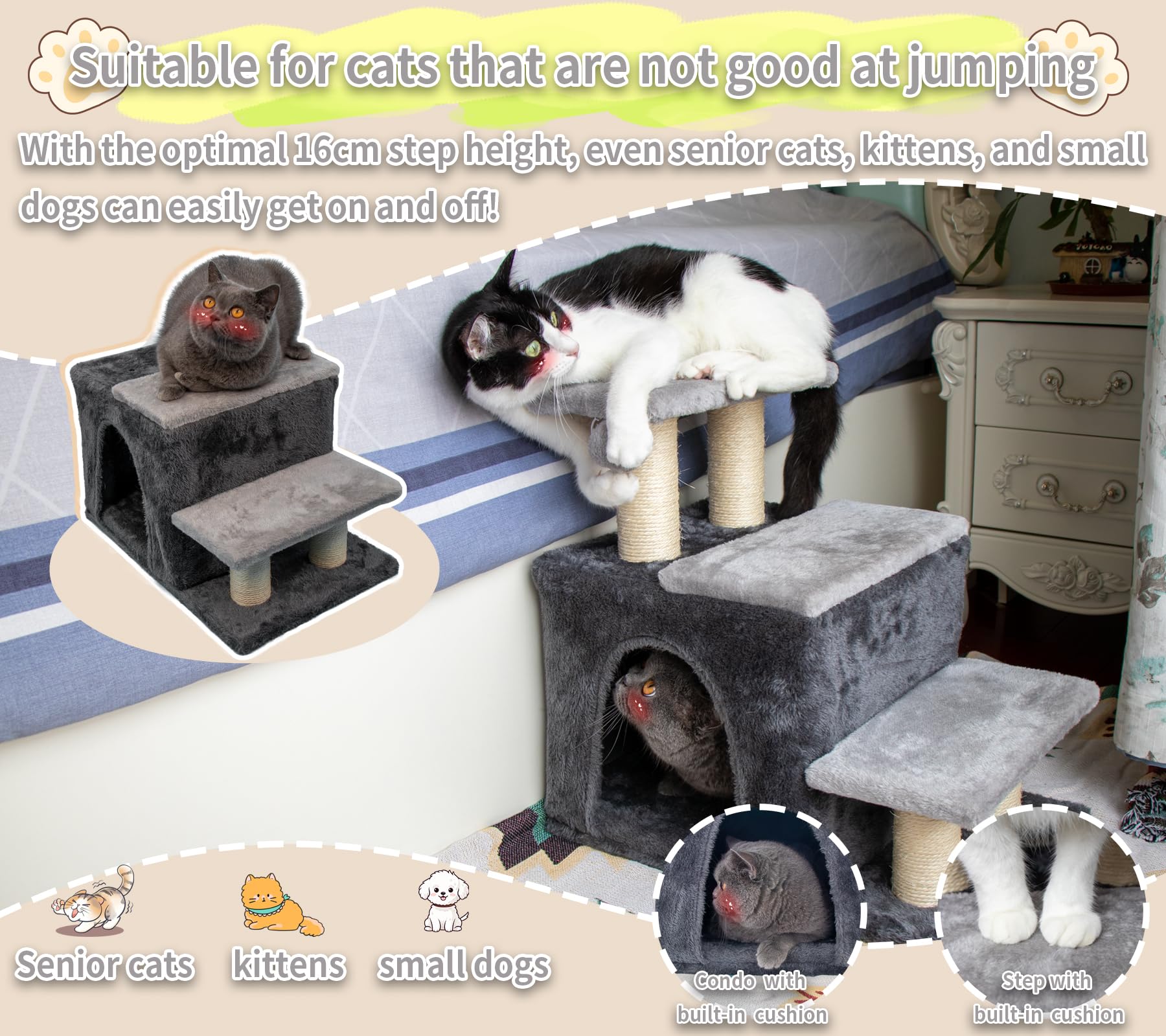 Hapineko 3-in-1 stairs steps highlight easy climb for kittens and seniors.