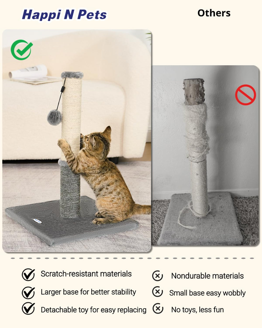 Happi N Pets cat scratcher shows detachable pom-pom toy
