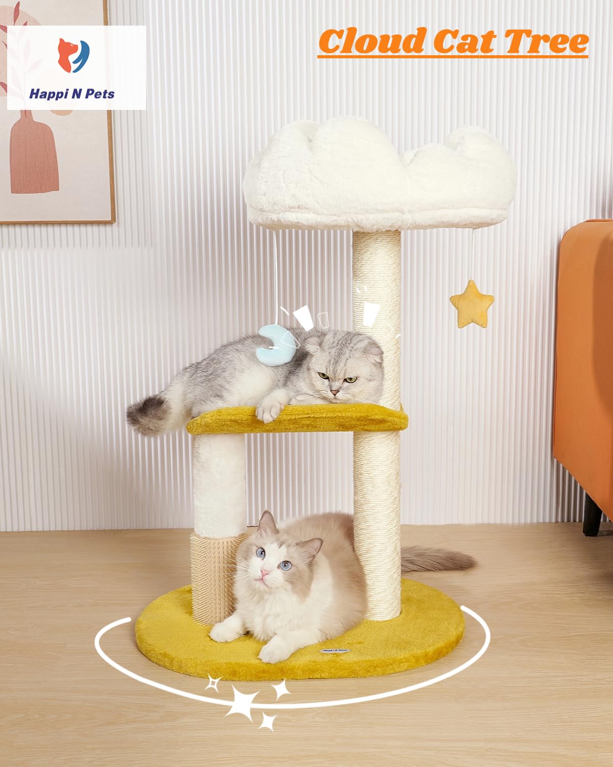 Happi N Pets Cloud Cat Tree with sisal posts promotes healthy scratching.