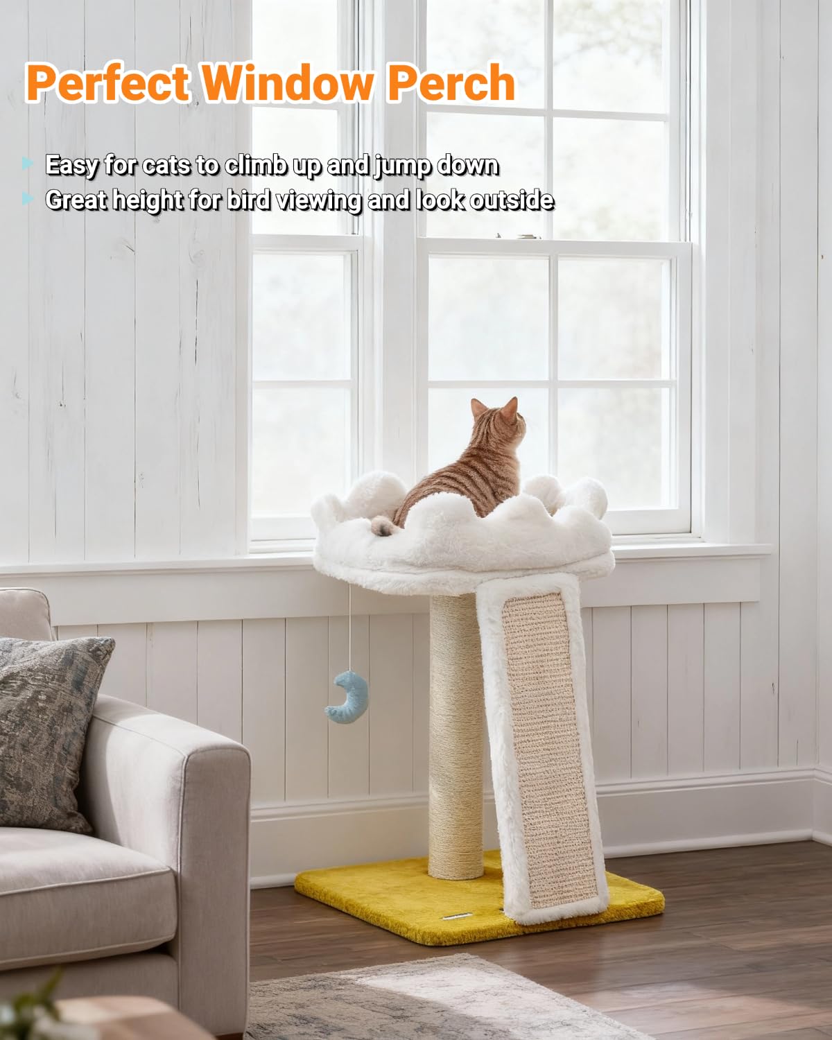 Happi N Pets Cloud cat tree size options graphic highlights fits kittens to larger cats.