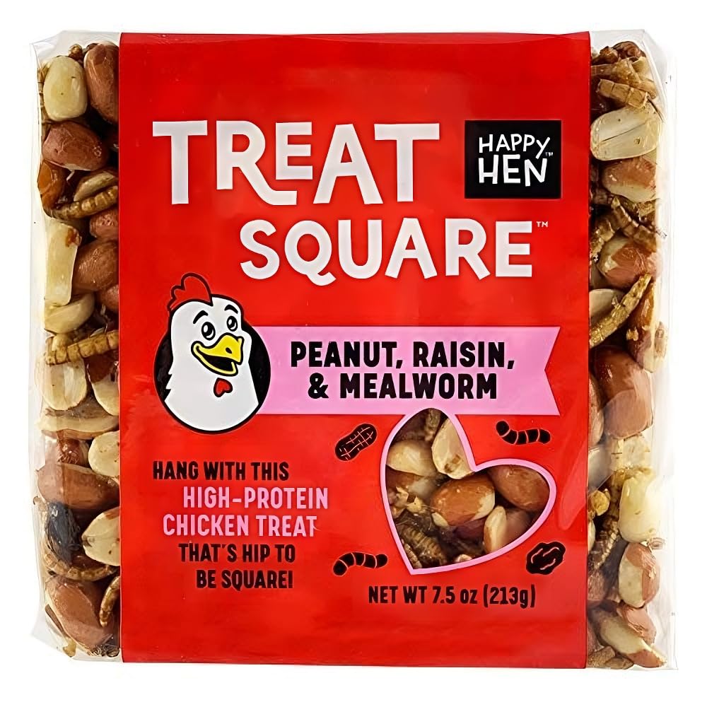 Happy Hen square mealworm peanut treat close-up reveals crunchy texture for poultry engagement.