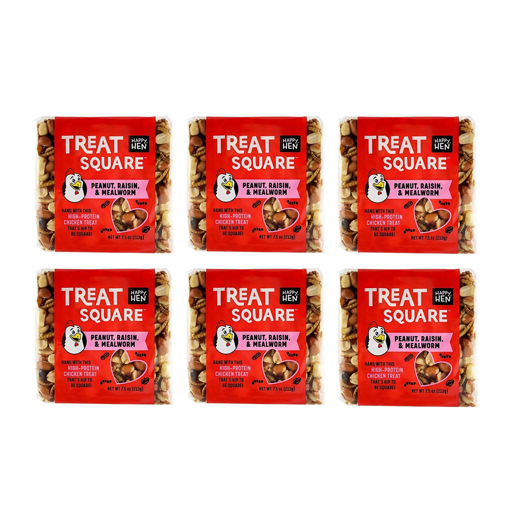Happy Hen square mealworm peanut treats packaging shows six seven-ounce units for enrichment.