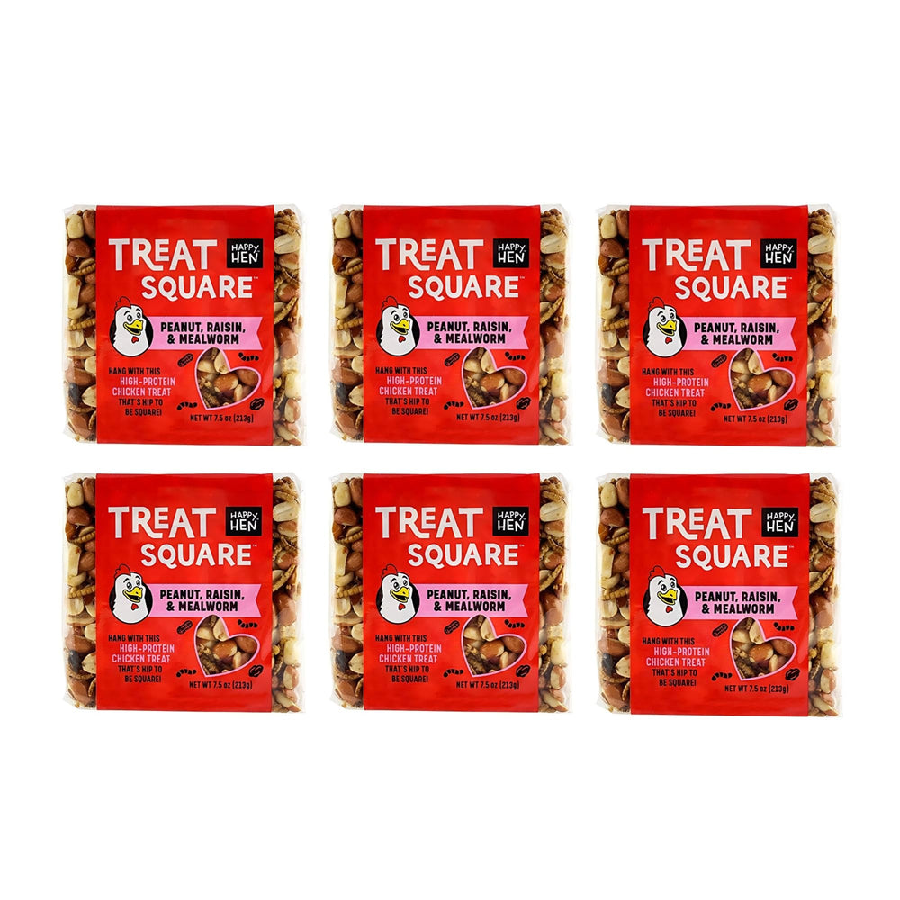 Happy Hen square mealworm peanut treats packaging shows six seven-ounce units for enrichment.
