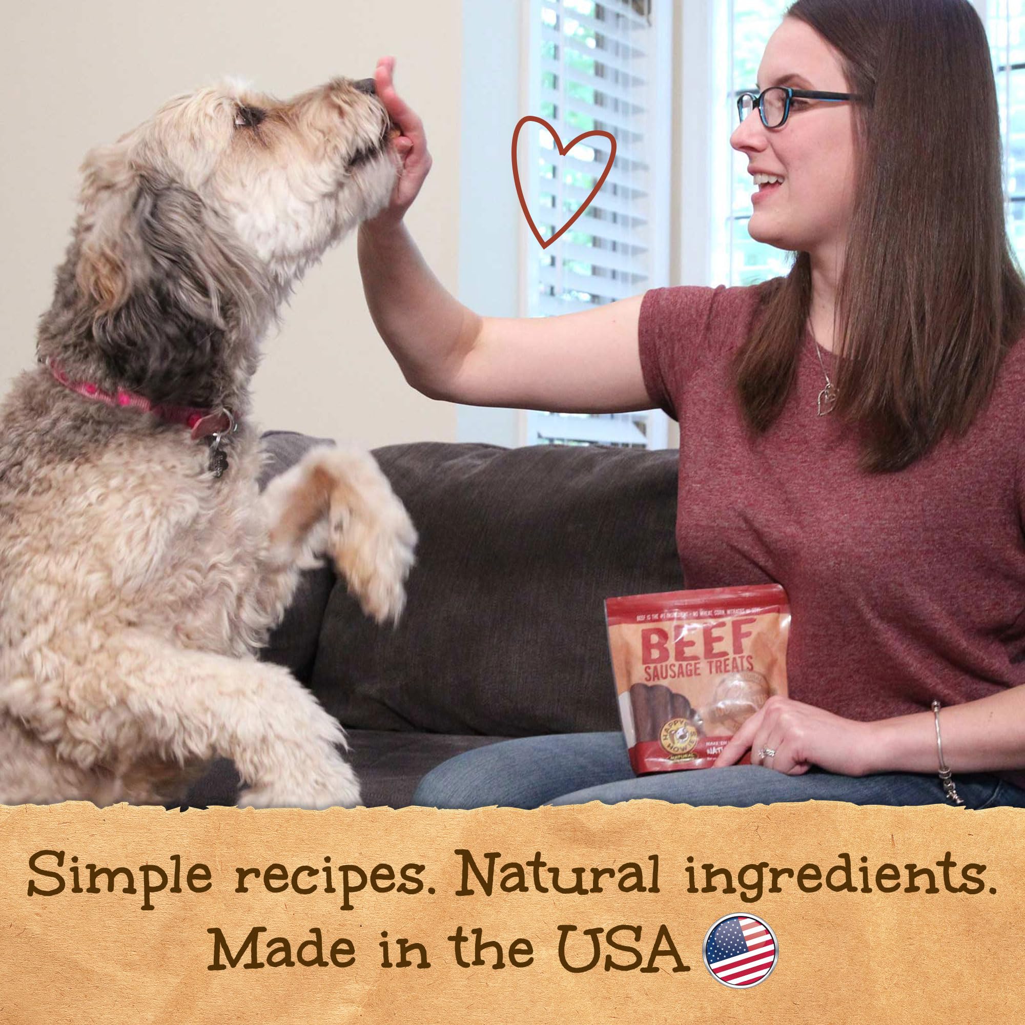 Happy Howie's Beef Sausage Treat packaging label emphasizes hormone-free recipe.