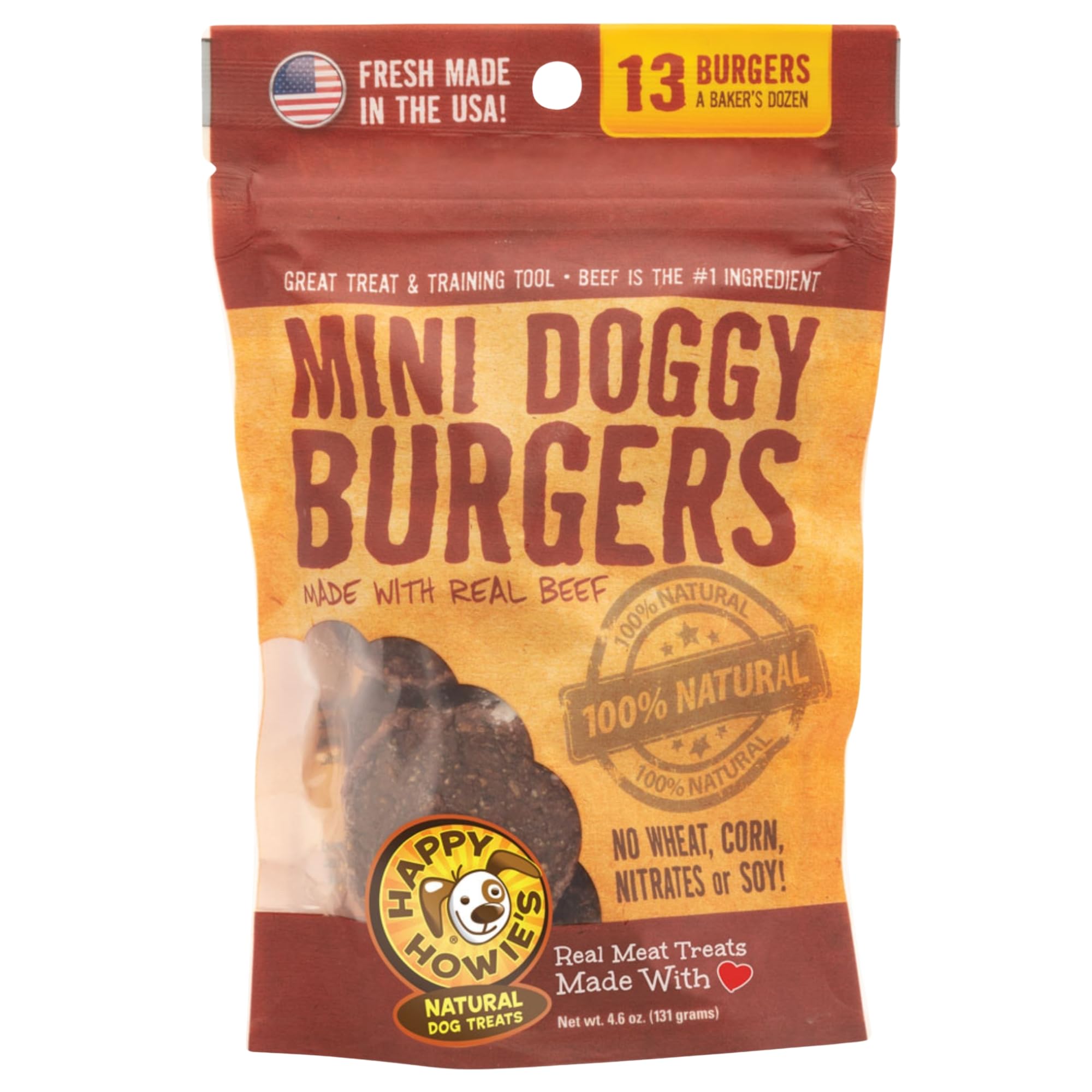 Happy Howie's Mini Doggy Burgers package front, 13-count pack for dogs