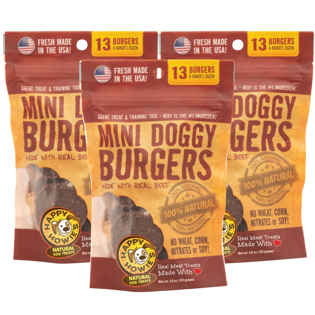 Happy Howie's Mini Doggy Burgers raw beef patties for chewing and reward.
