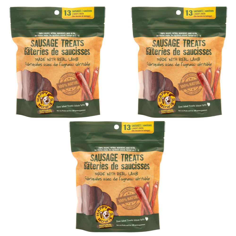 Happy Howie's Sausage Treats packaging showcases wholesome, hormone-free dog snacks for convenient rewards.