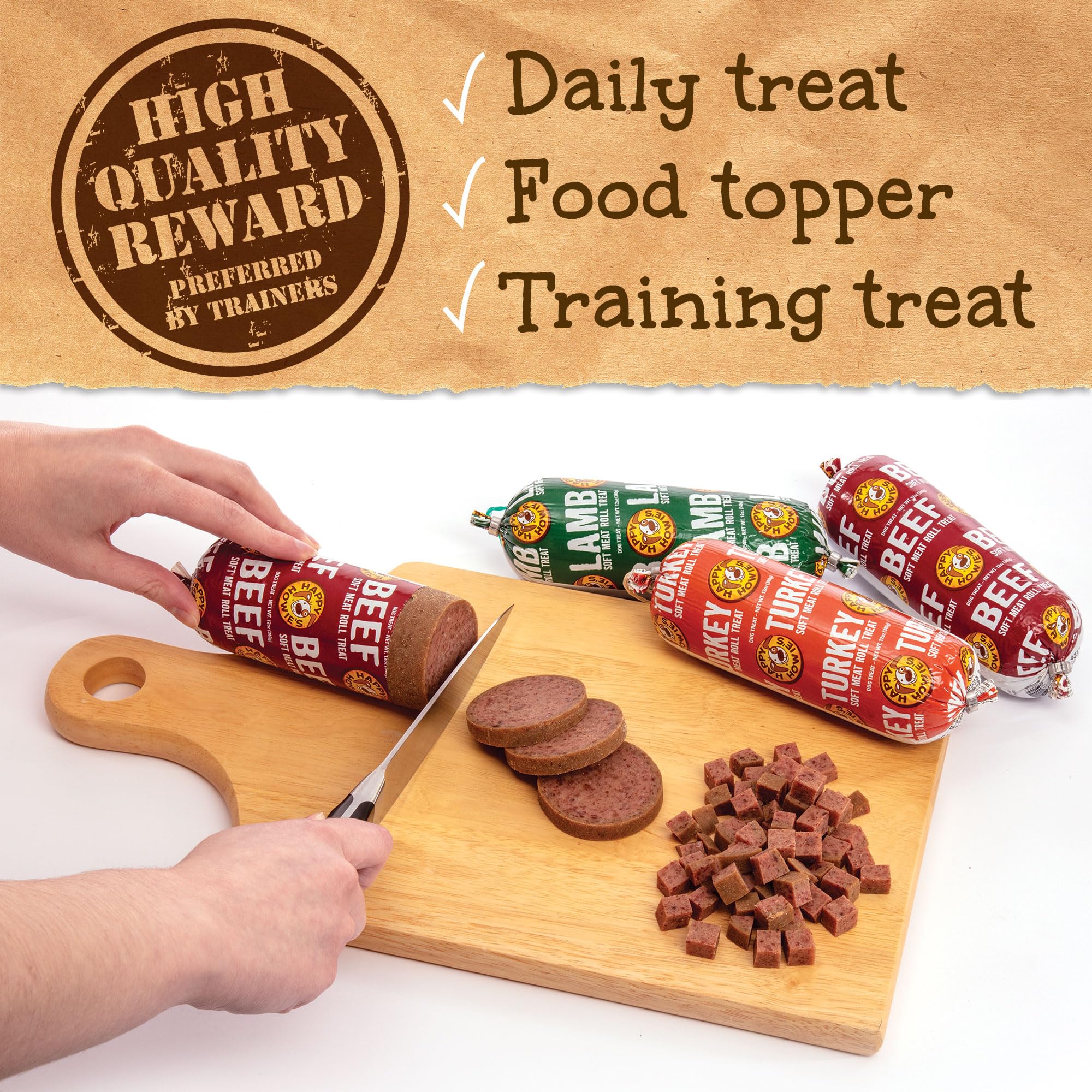 Happy Howie's Soft Meat Roll cut-size section shows easy portioning for customizable servings.
