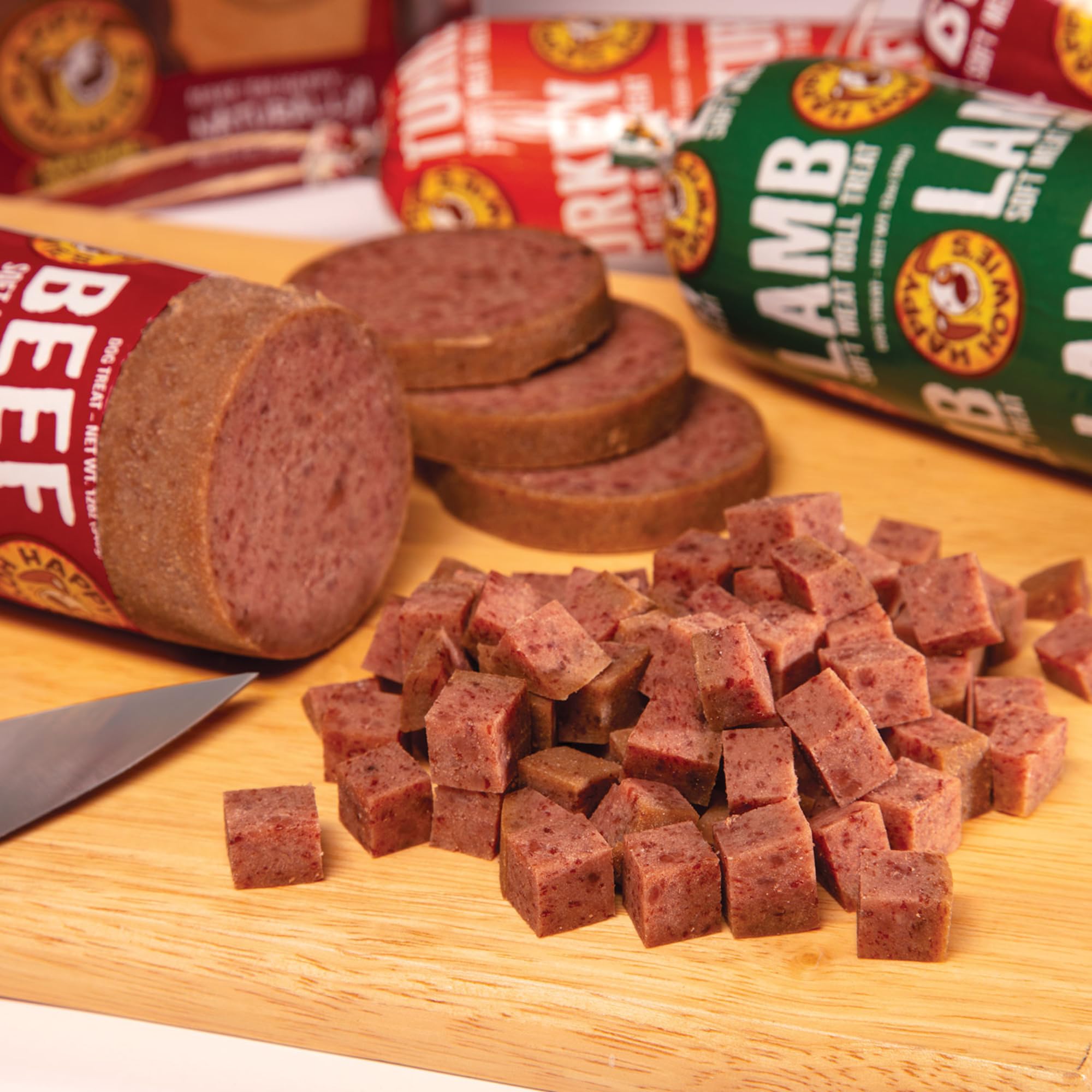 Happy Howie's Soft Meat Roll Lamb piece on cutting board for portion-controlled treats.