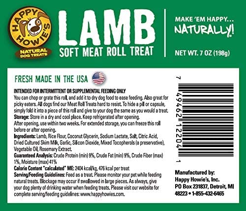 Happy Howie's Soft Meat Roll label shows USA-made production in Detroit facility.