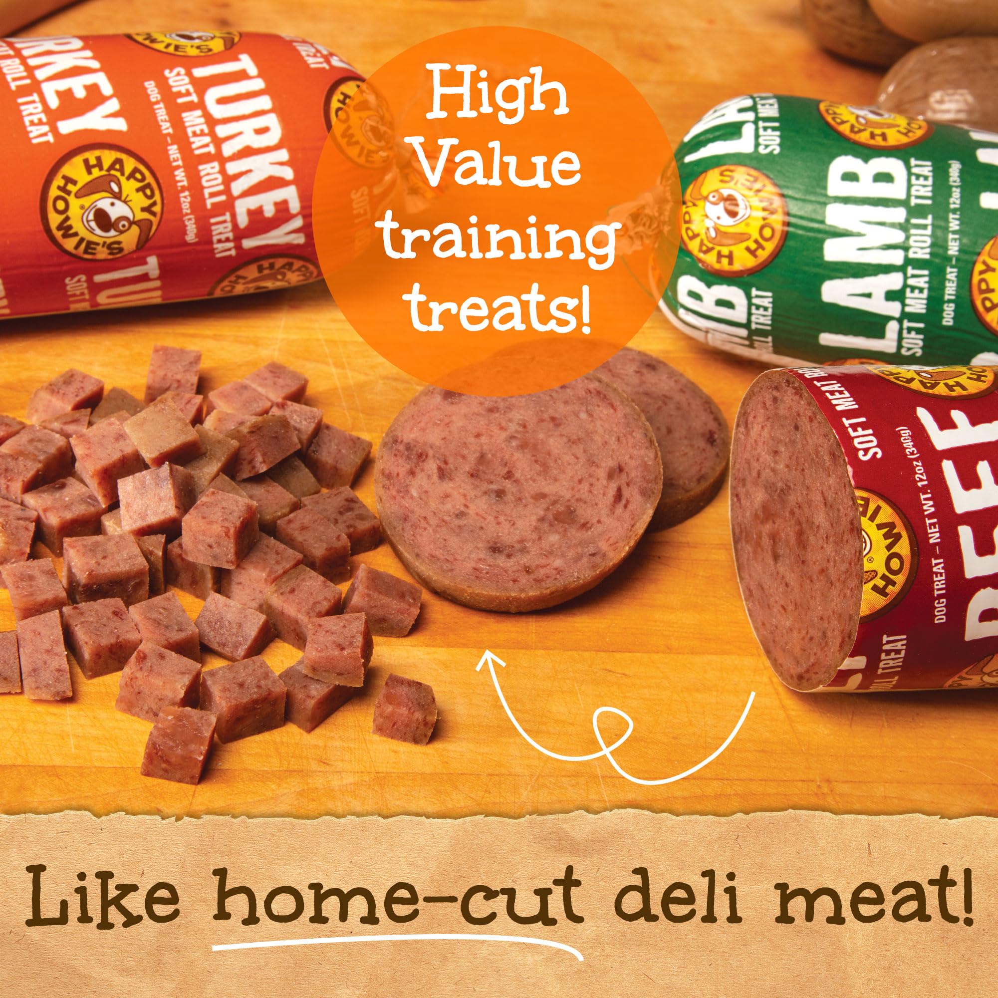 Happy Howie's Soft Meat Roll taste closeup highlights beef, lamb, and turkey flavor for canine enjoyment.