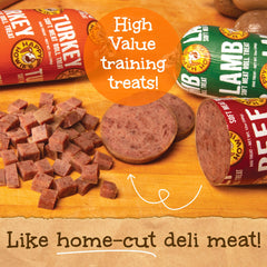 Happy Howie's Soft Meat Roll taste closeup highlights beef, lamb, and turkey flavor for canine enjoyment.