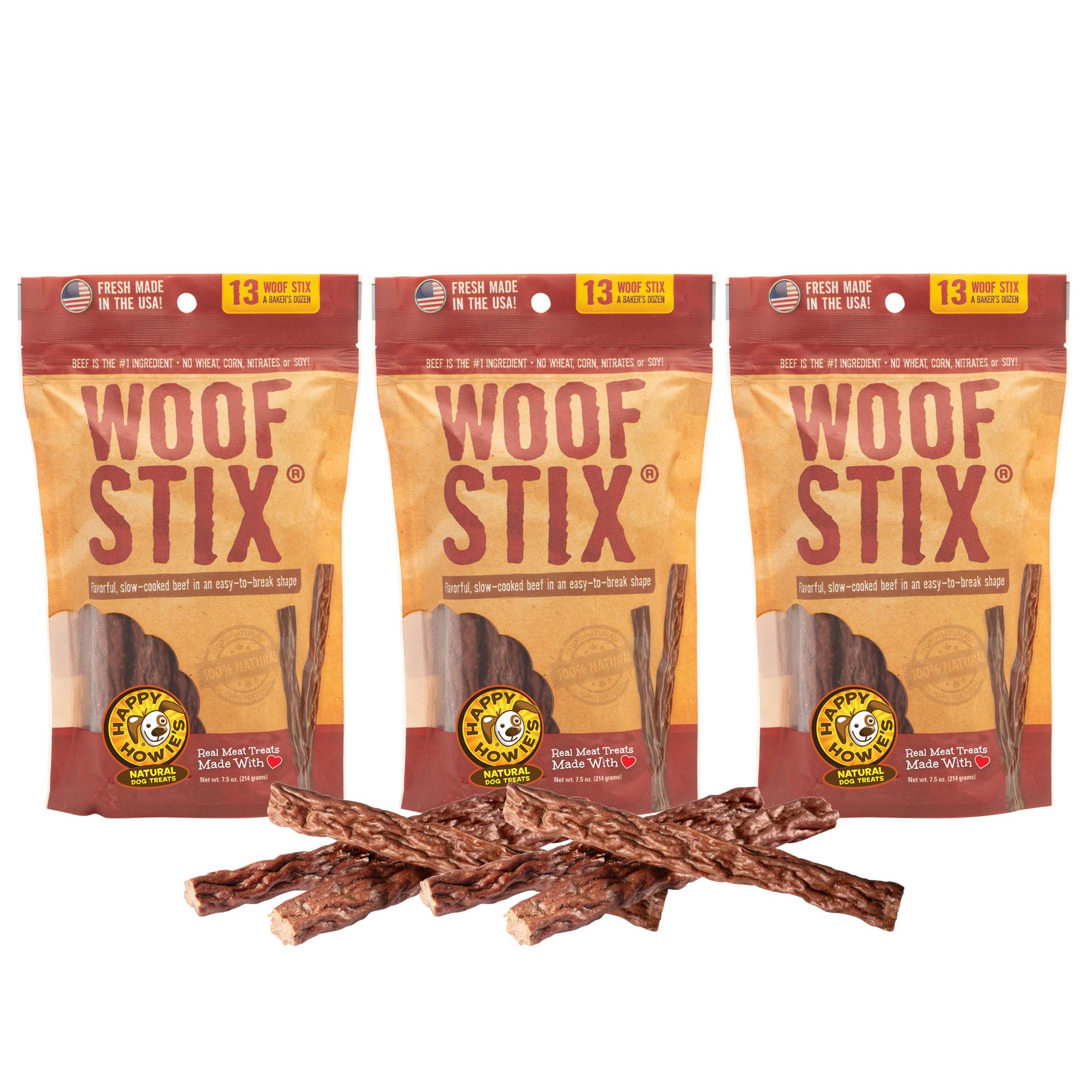 Happy Howie's Woof Stix beef stick pack 1; chewy texture, a tasty reward.
