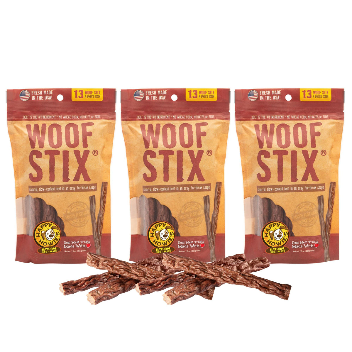 Happy Howie's Woof Stix beef stick pack 1; chewy texture, a tasty reward.