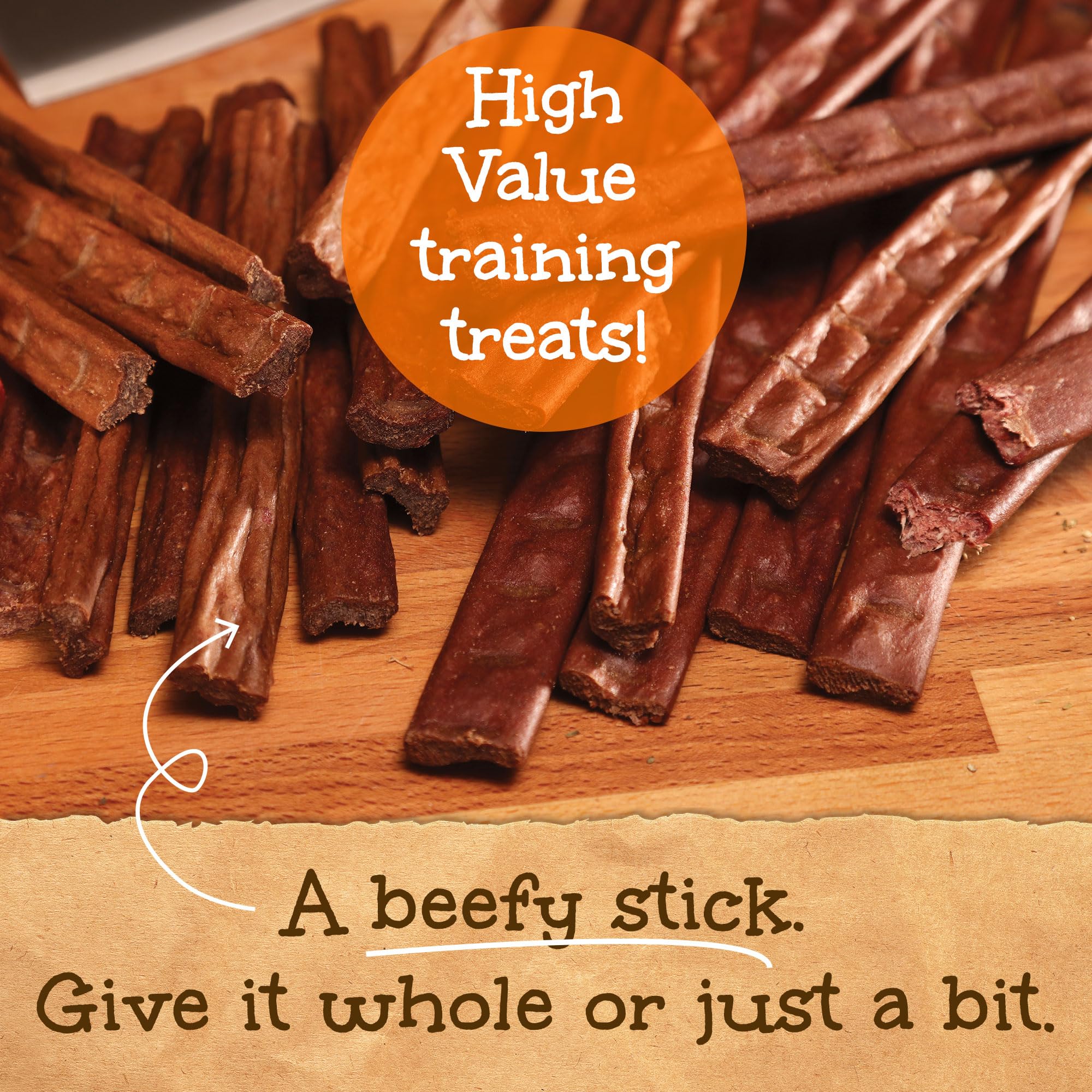 Happy Howie's Woof Stix ingredient closeup; all-natural beef with hormone-free promise.