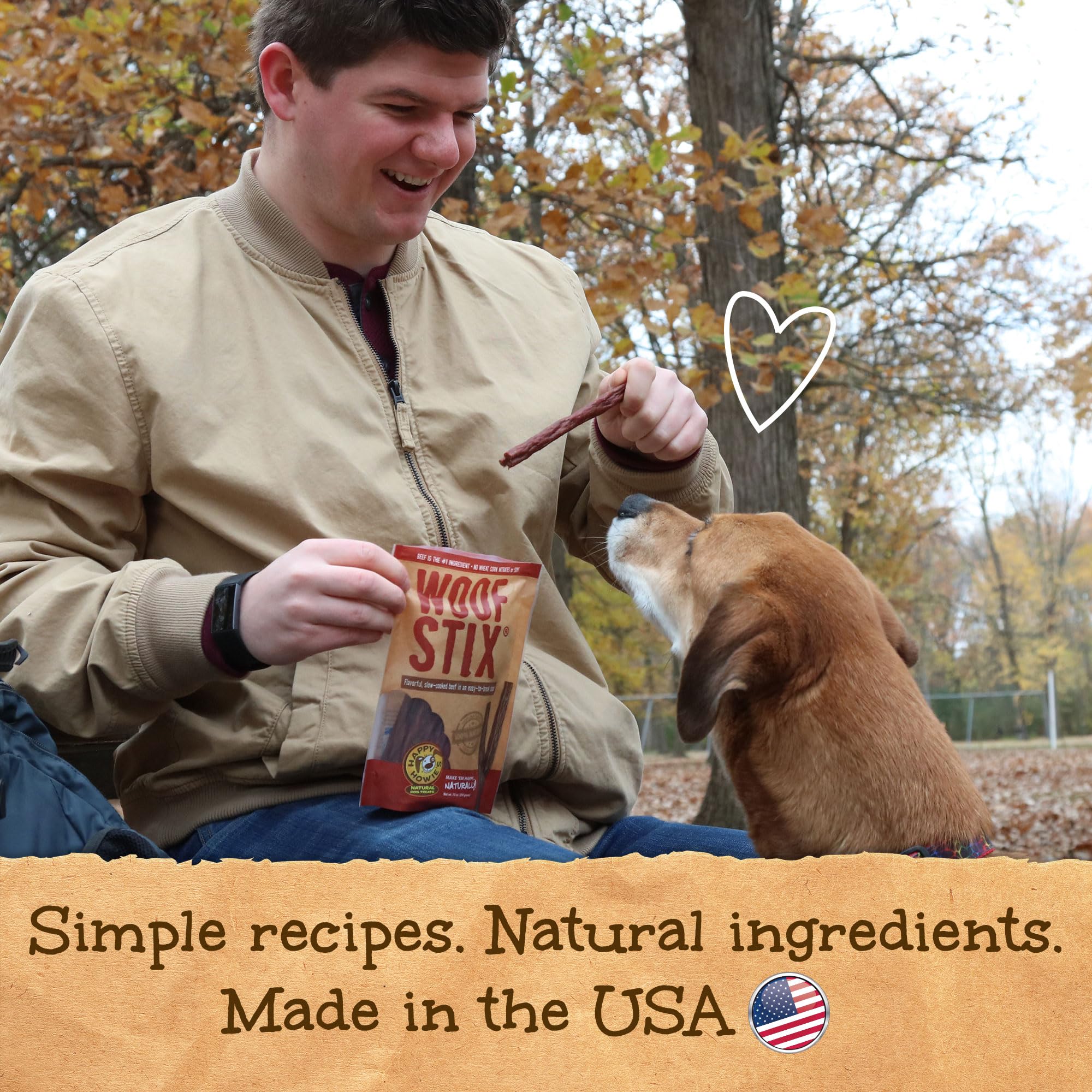 Happy Howie's Woof Stix made in USA; Detroit-based production and quality.