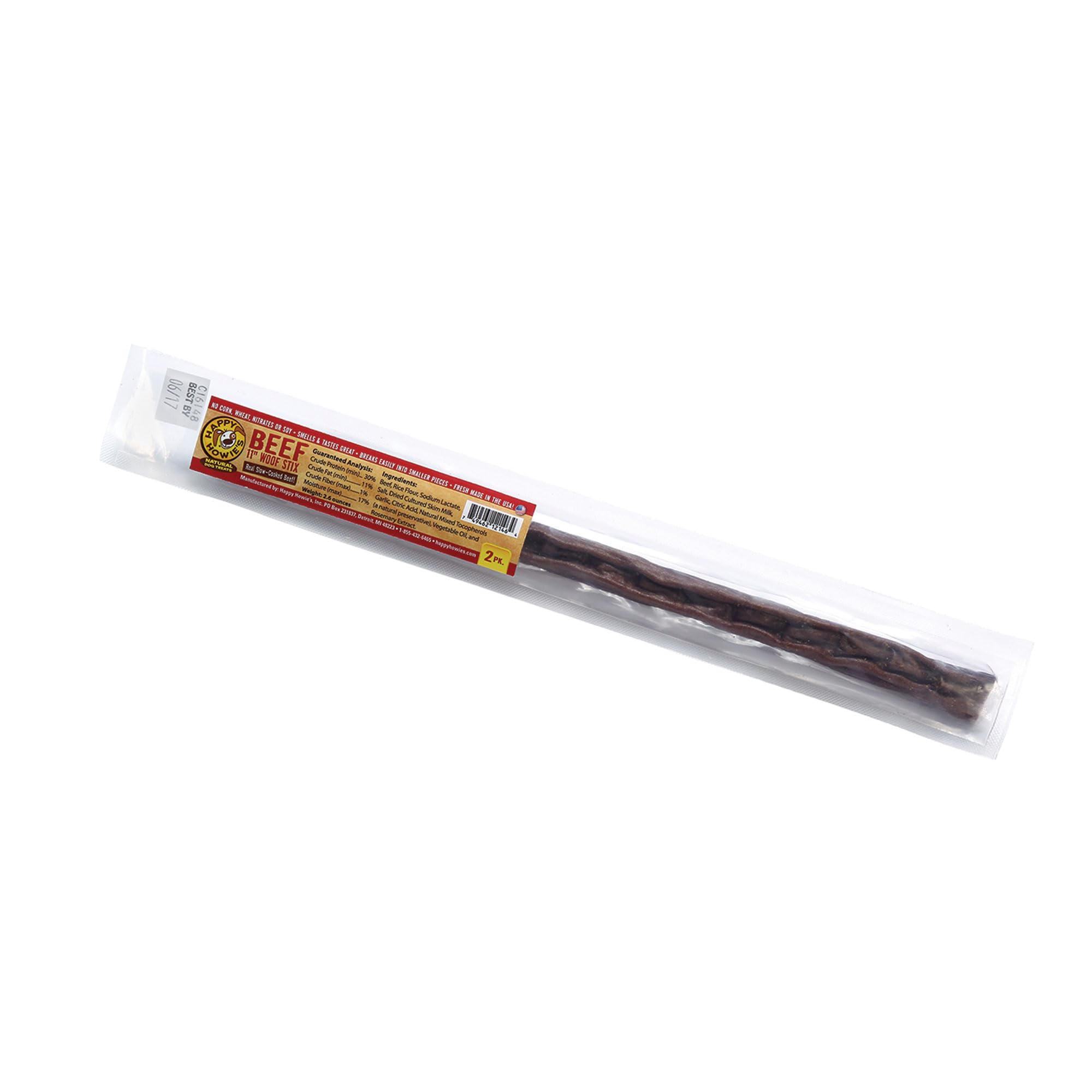 Happy Howie's Woof Stix pack-front shows natural dog treats for rewarding training.