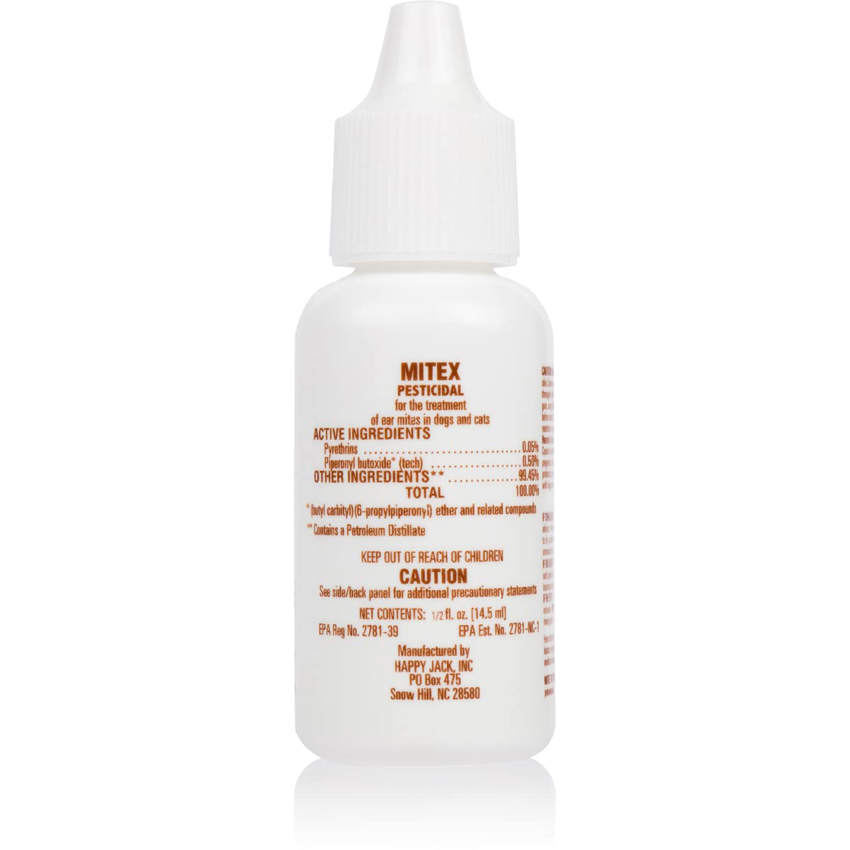 Happy Jack Mitex 0.5 oz bottle ready for regular ear care.