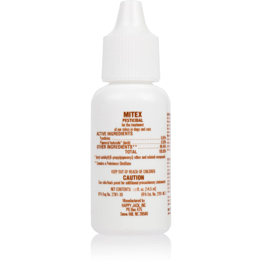 Happy Jack Mitex 0.5 oz bottle ready for regular ear care.