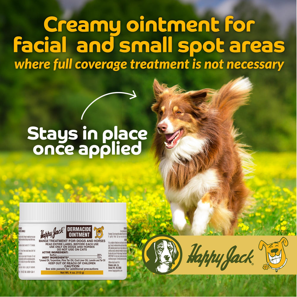 Happy Jack Dermacide Ointment on dog coat near hotspot illustrates targeted relief