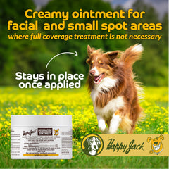 Happy Jack Dermacide Ointment on dog coat near hotspot illustrates targeted relief