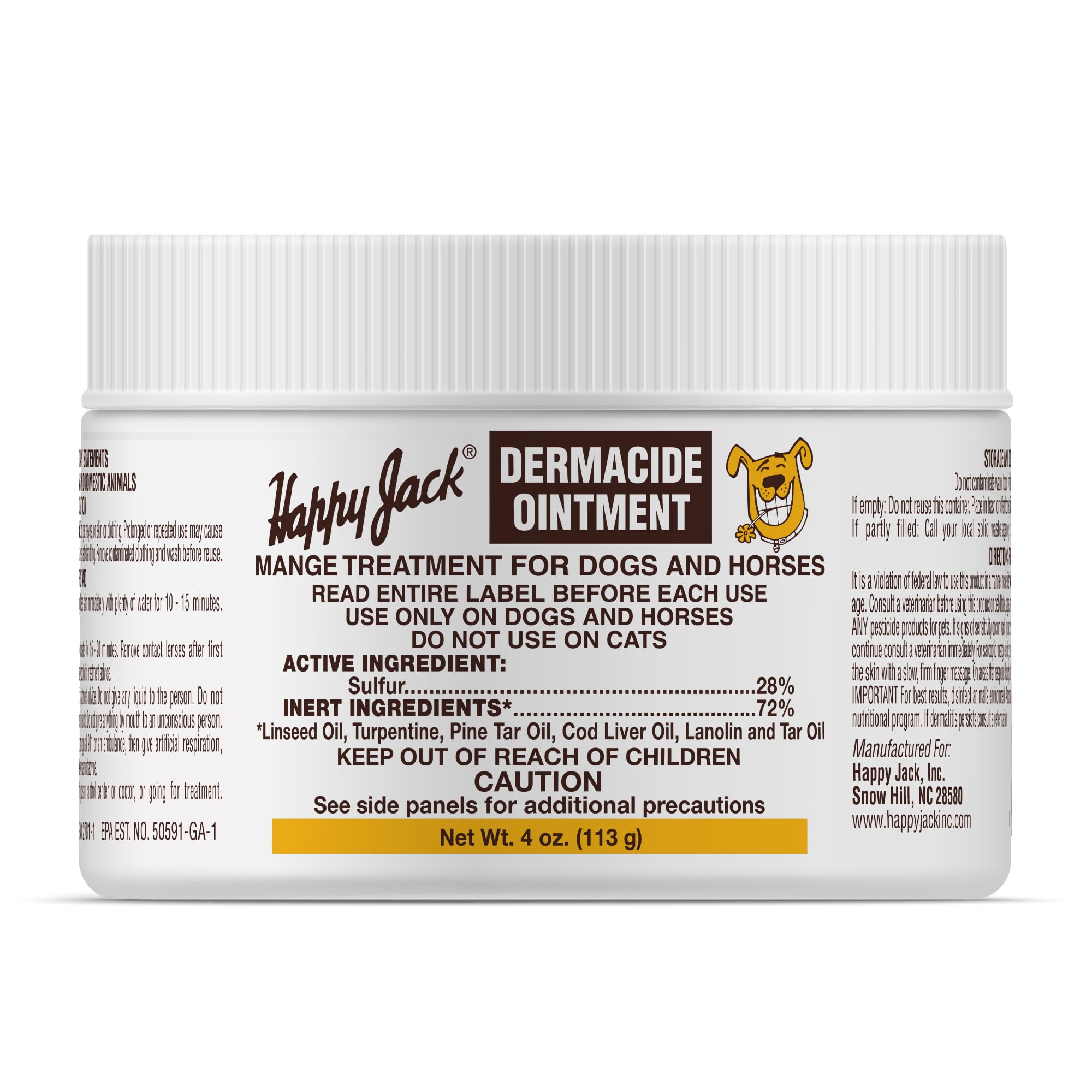 Happy Jack Dermacide Ointment jar signals trusted USA-made formula