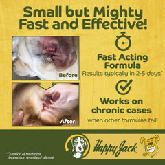 HAPPY JACK Ear Canker Powder being dusted on a dog's ear