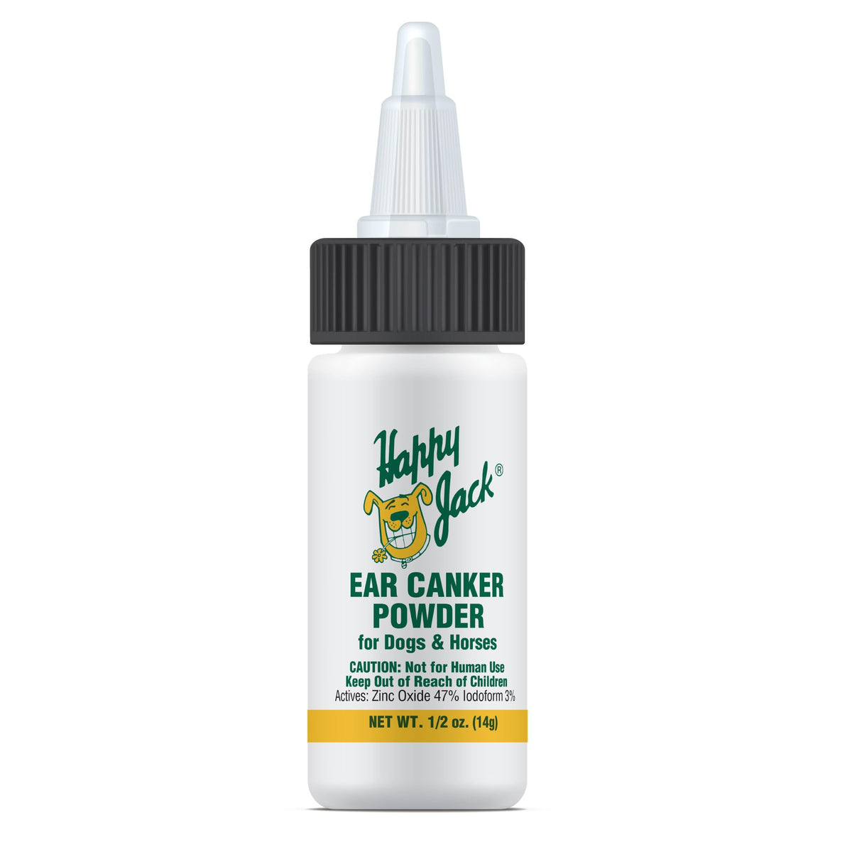 HAPPY JACK Ear Canker Powder packaging shown for easy dosing and relief